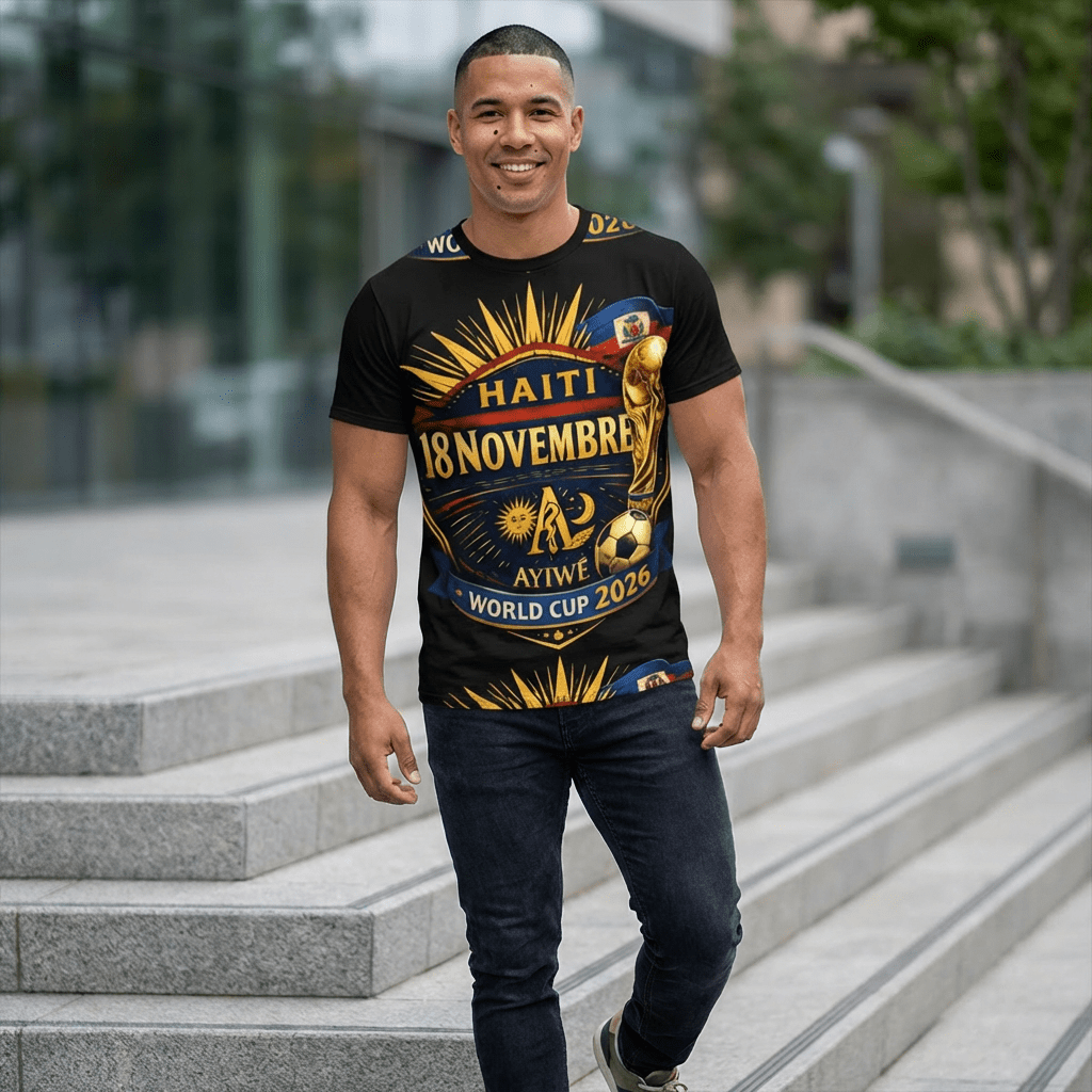 Ayiti18WC Ayibobo1 Unisex Cut & Sew Tee (AOP) by AyiWe F&S - AyiWé Fashion & Style