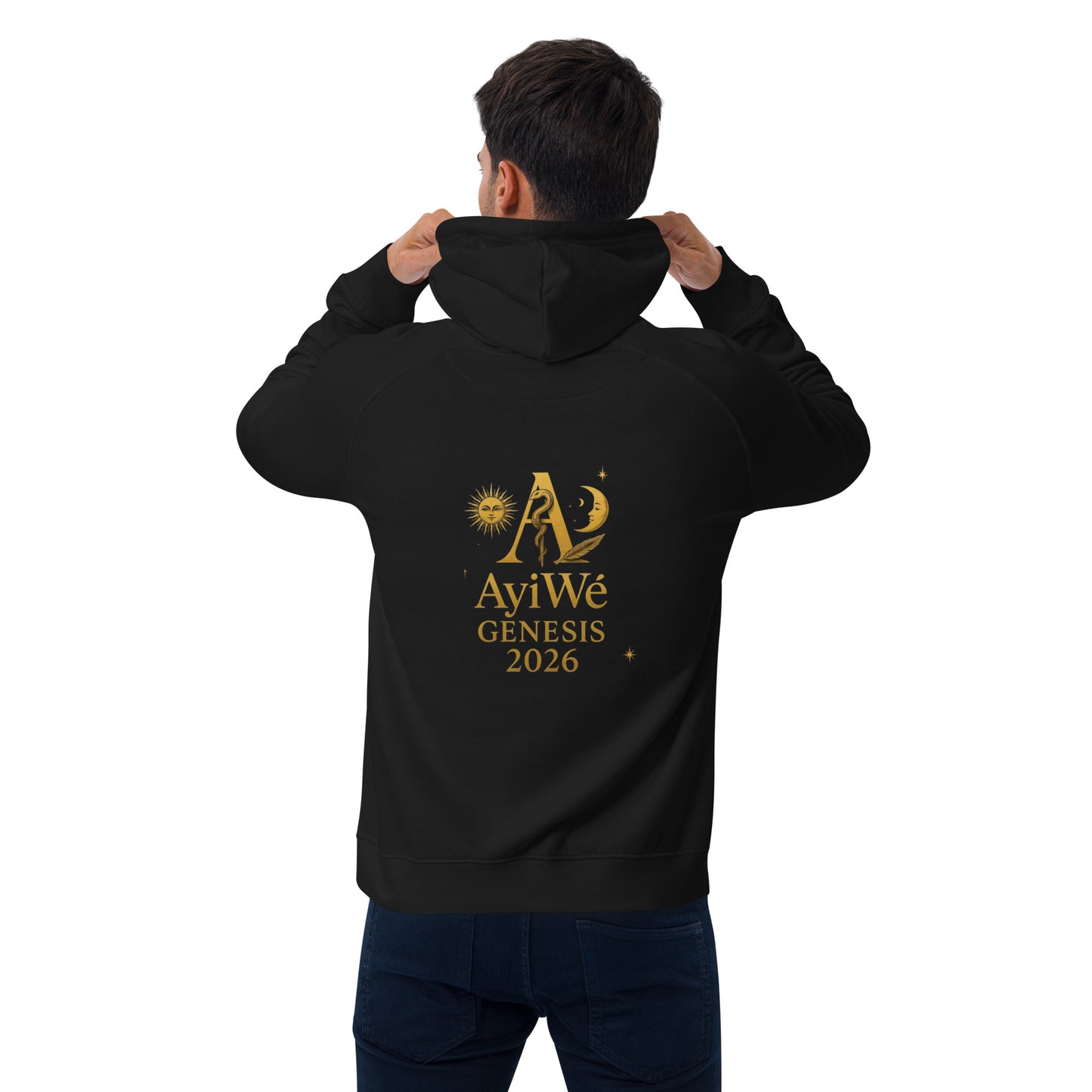 01 - Genisis 2026. Unisex eco raglan hoodie. Powered by AyiWé F&S - AyiWé Fashion & Style