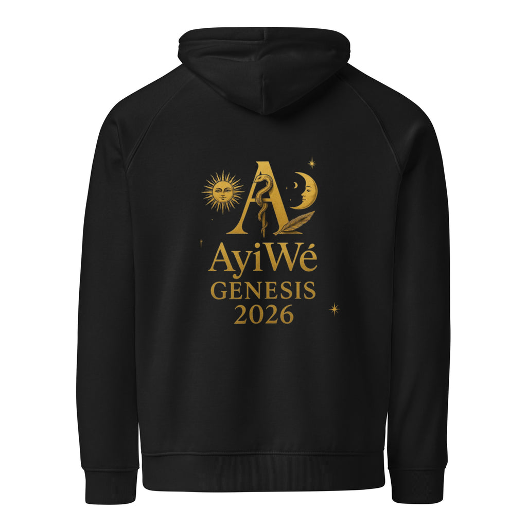 01 - Genisis 2026. Unisex eco raglan hoodie. Powered by AyiWé F&S - AyiWé Fashion & Style