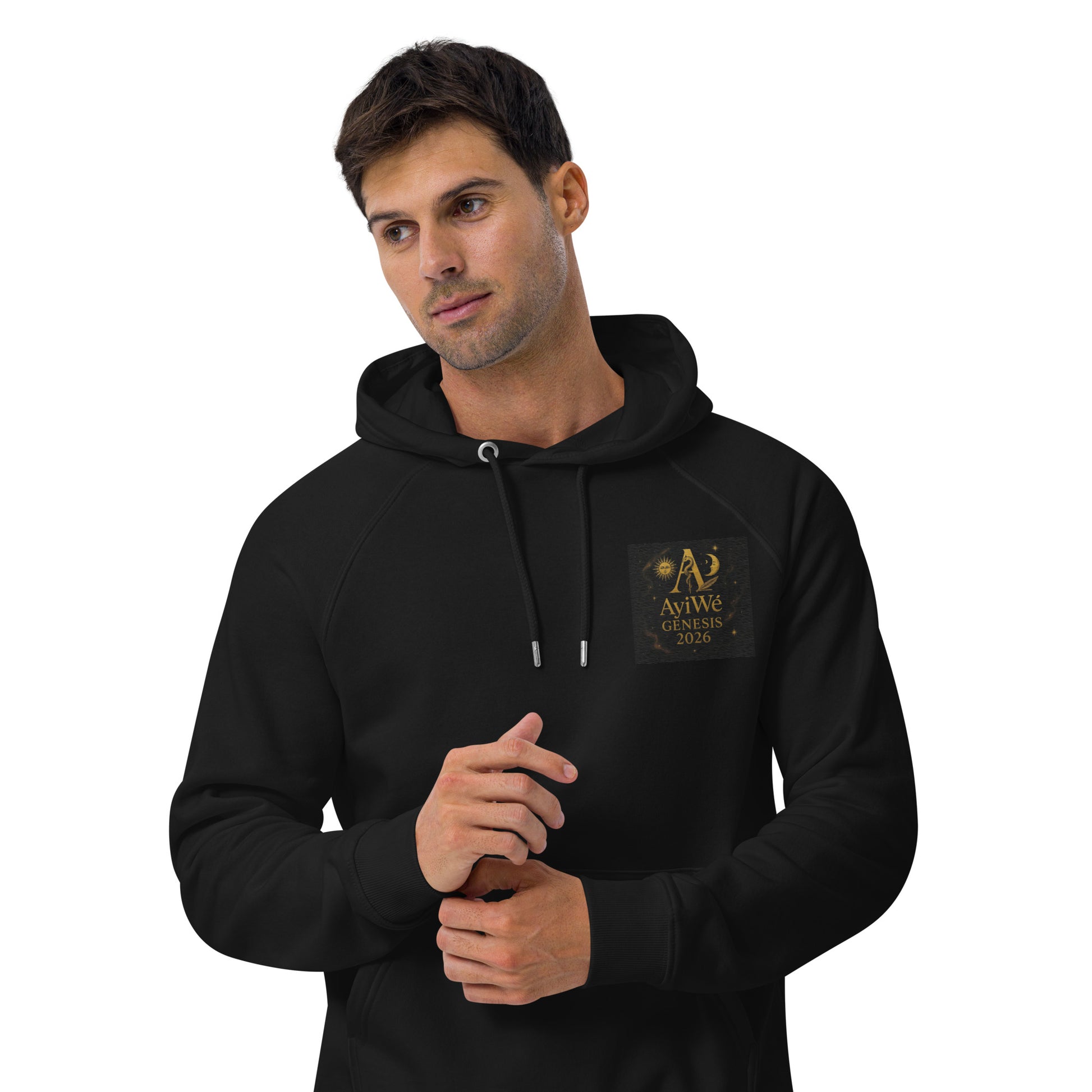 01 - Genisis 2026. Unisex eco raglan hoodie. Powered by AyiWé F&S - AyiWé Fashion & Style