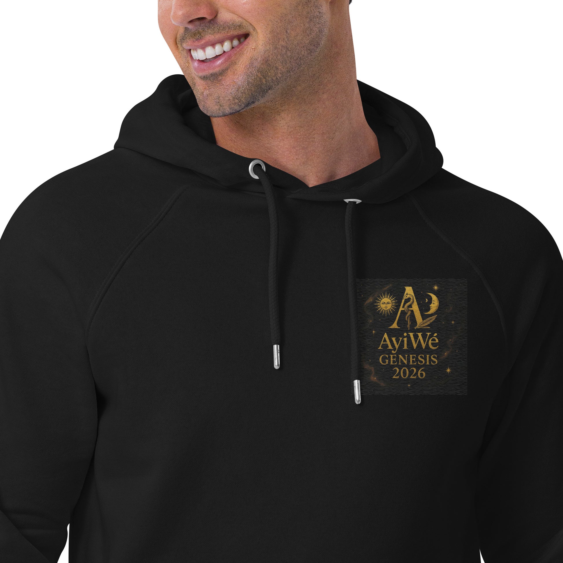 01 - Genisis 2026. Unisex eco raglan hoodie. Powered by AyiWé F&S - AyiWé Fashion & Style