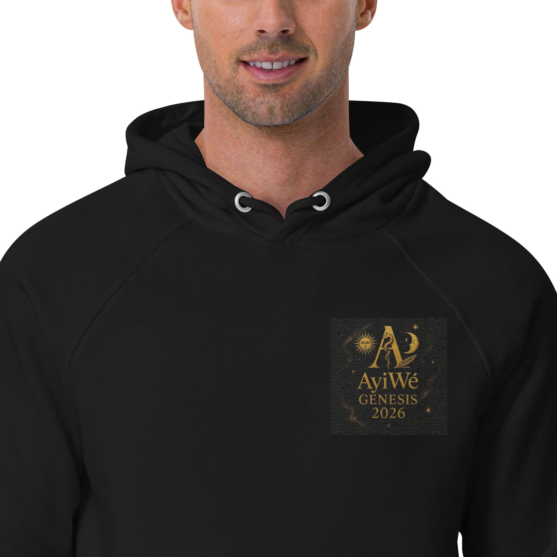 01 - Genisis 2026. Unisex eco raglan hoodie. Powered by AyiWé F&S - AyiWé Fashion & Style