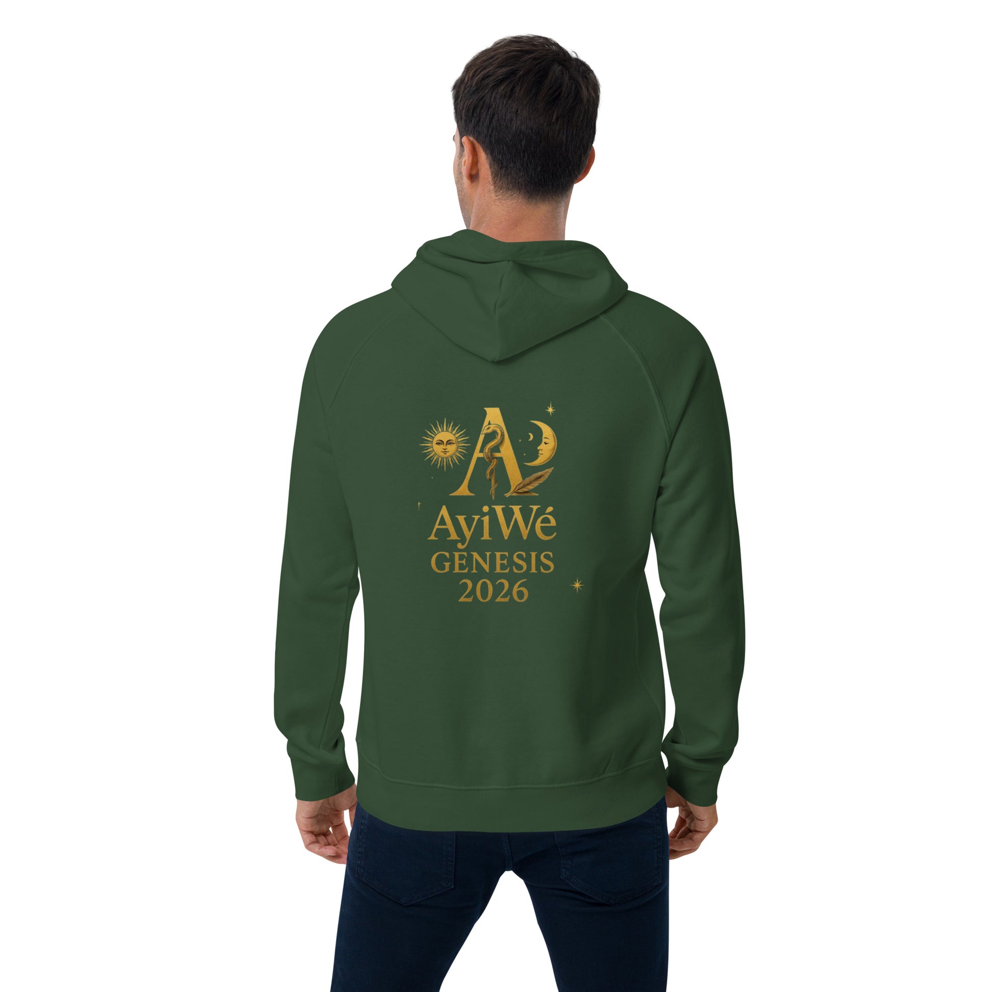 01 - Genisis 2026. Unisex eco raglan hoodie. Powered by AyiWé F&S - AyiWé Fashion & Style