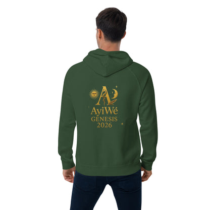 01 - Genisis 2026. Unisex eco raglan hoodie. Powered by AyiWé F&S - AyiWé Fashion & Style