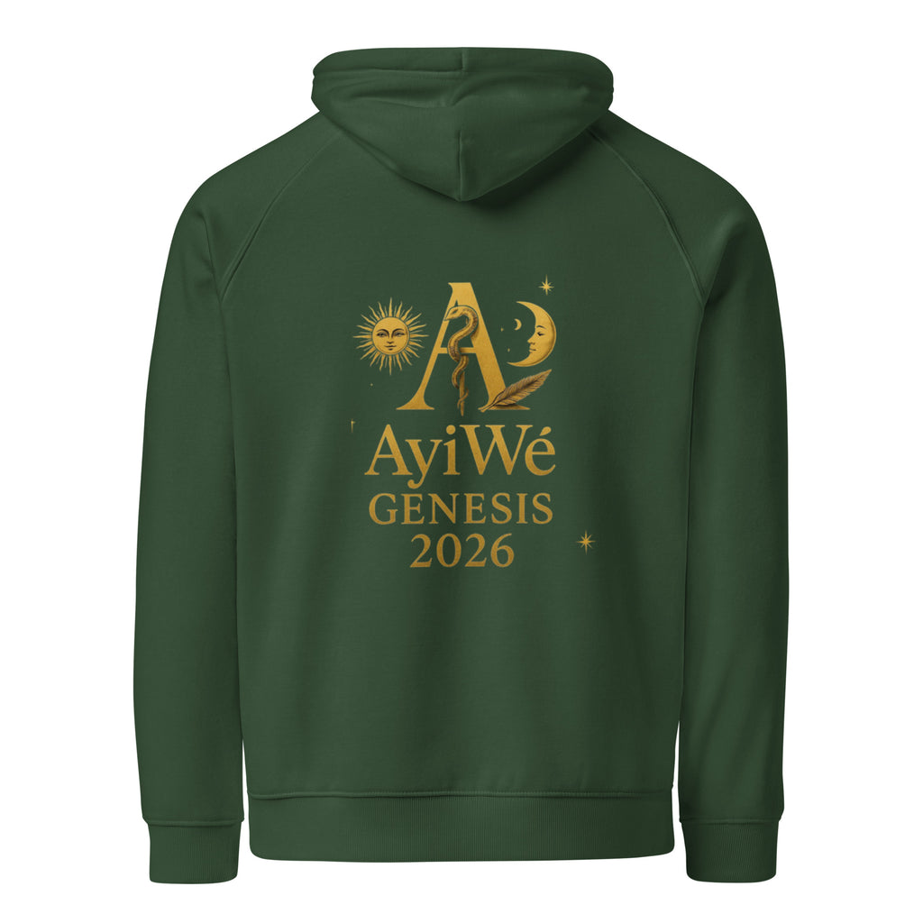 01 - Genisis 2026. Unisex eco raglan hoodie. Powered by AyiWé F&S - AyiWé Fashion & Style