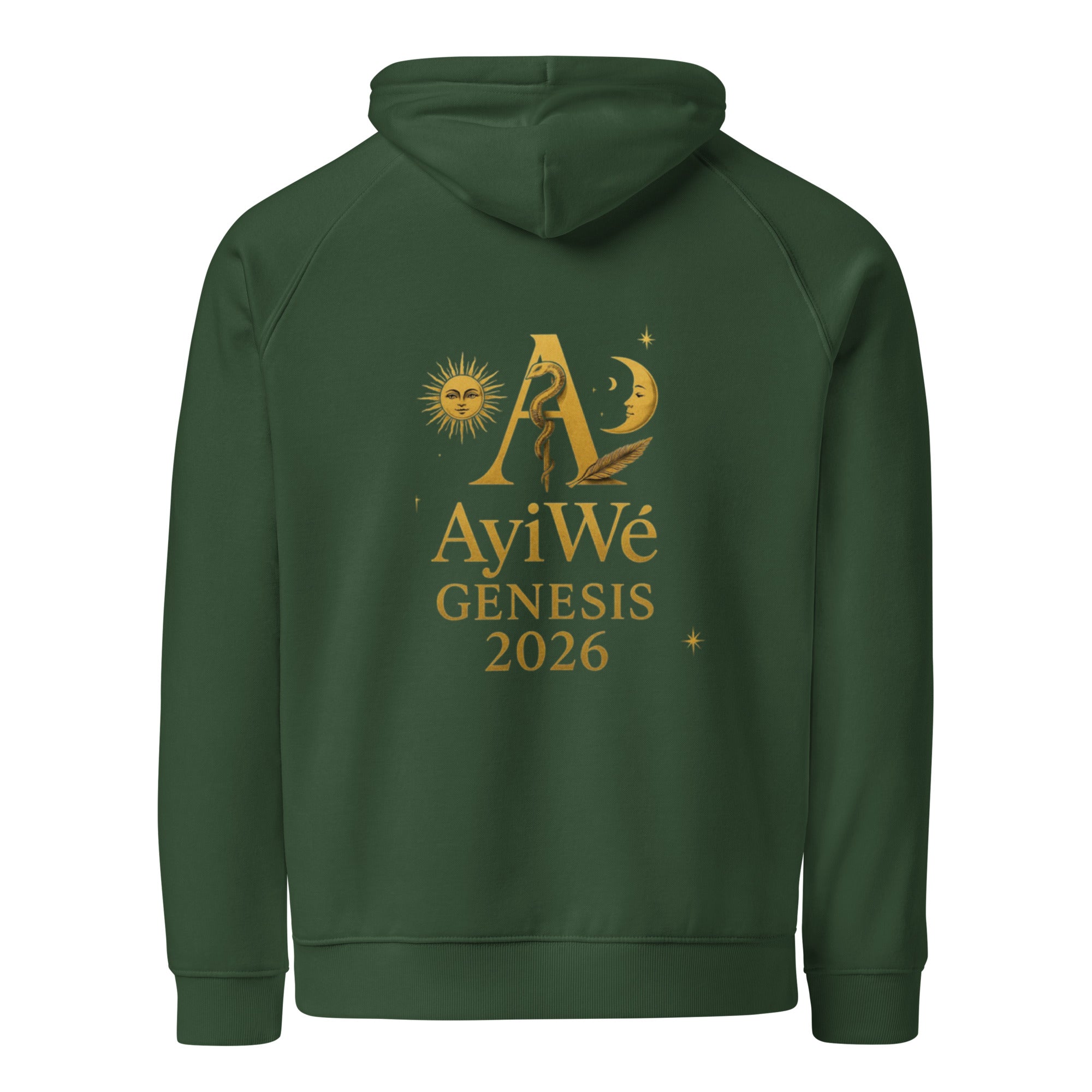 01 - Genisis 2026. Unisex eco raglan hoodie. Powered by AyiWé F&S - AyiWé Fashion & Style