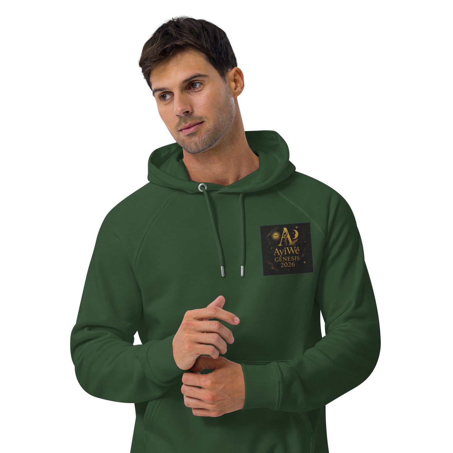 01 - Genisis 2026. Unisex eco raglan hoodie. Powered by AyiWé F&S - AyiWé Fashion & Style