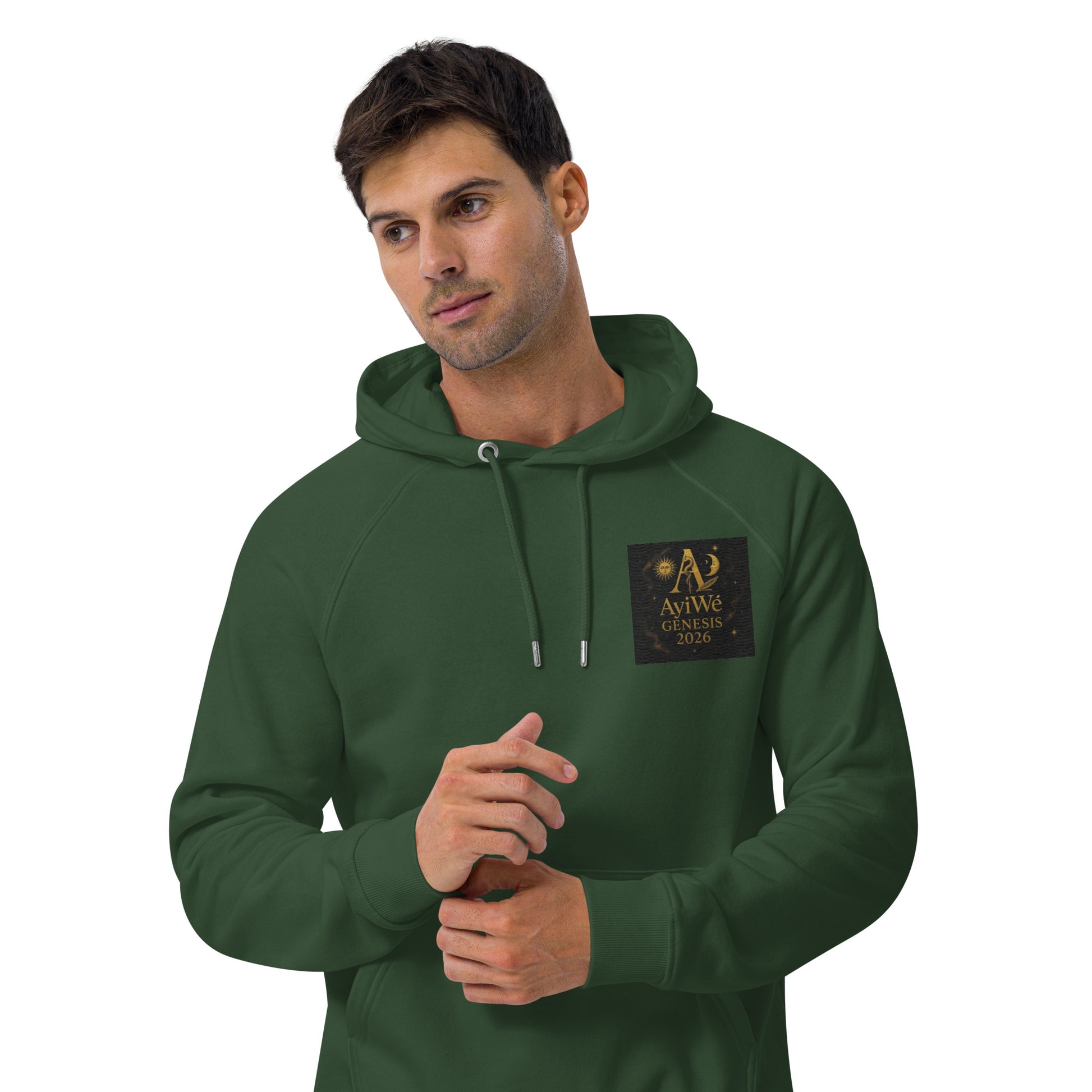01 - Genisis 2026. Unisex eco raglan hoodie. Powered by AyiWé F&S - AyiWé Fashion & Style