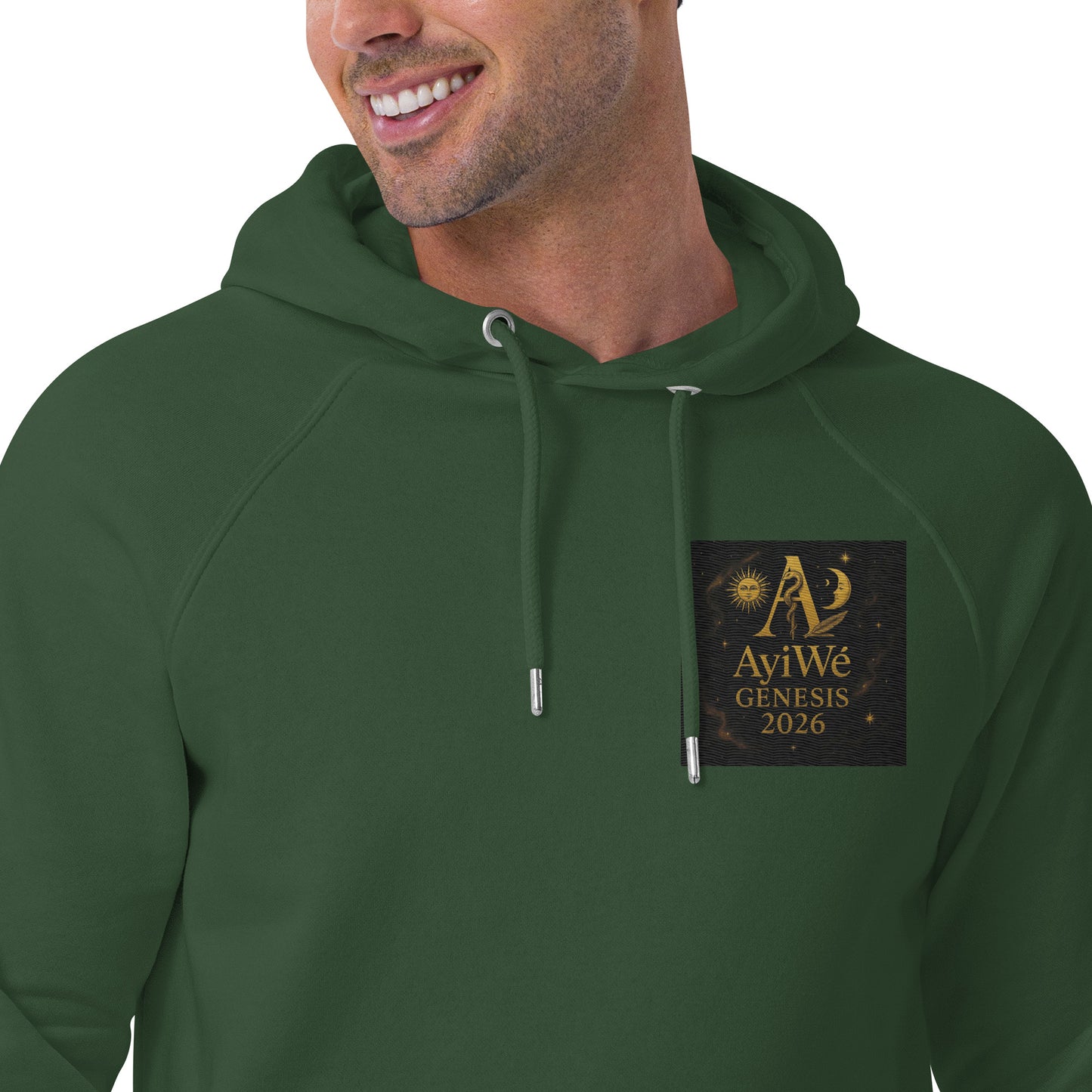 01 - Genisis 2026. Unisex eco raglan hoodie. Powered by AyiWé F&S - AyiWé Fashion & Style