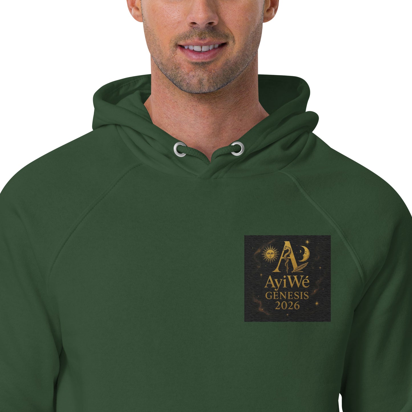 01 - Genisis 2026. Unisex eco raglan hoodie. Powered by AyiWé F&S - AyiWé Fashion & Style