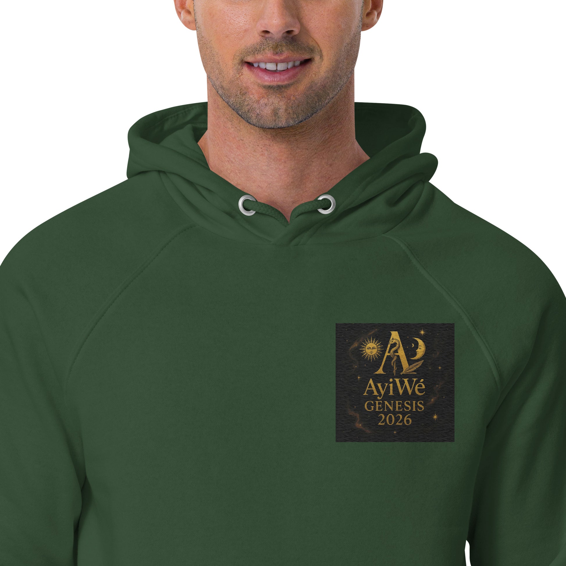 01 - Genisis 2026. Unisex eco raglan hoodie. Powered by AyiWé F&S - AyiWé Fashion & Style