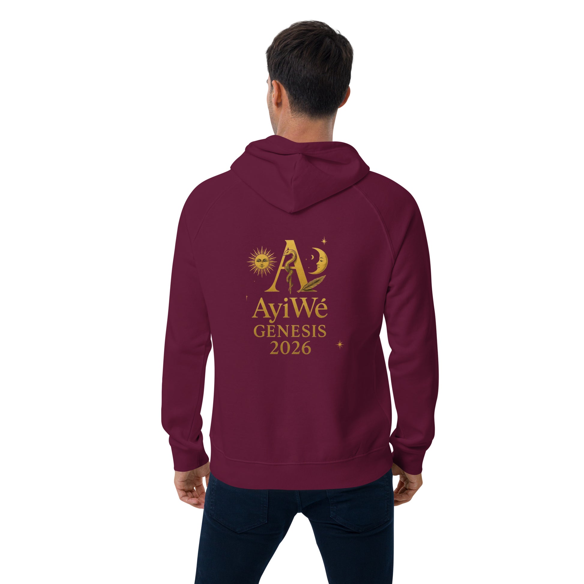 01 - Genisis 2026. Unisex eco raglan hoodie. Powered by AyiWé F&S - AyiWé Fashion & Style