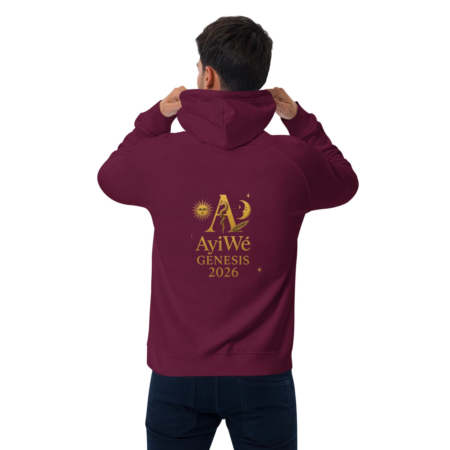 01 - Genisis 2026. Unisex eco raglan hoodie. Powered by AyiWé F&S - AyiWé Fashion & Style