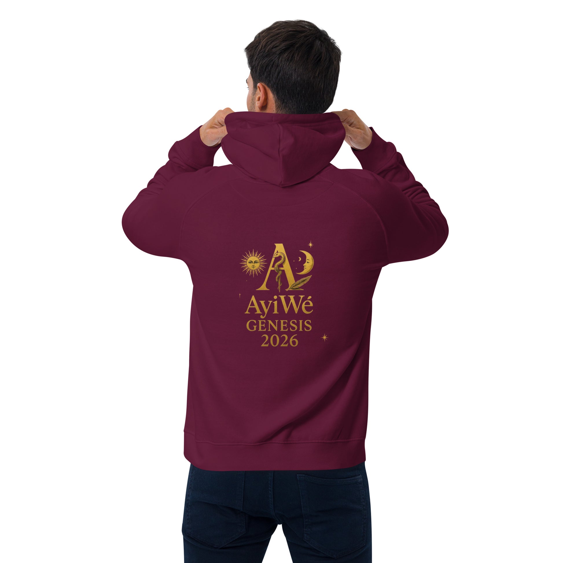 01 - Genisis 2026. Unisex eco raglan hoodie. Powered by AyiWé F&S - AyiWé Fashion & Style