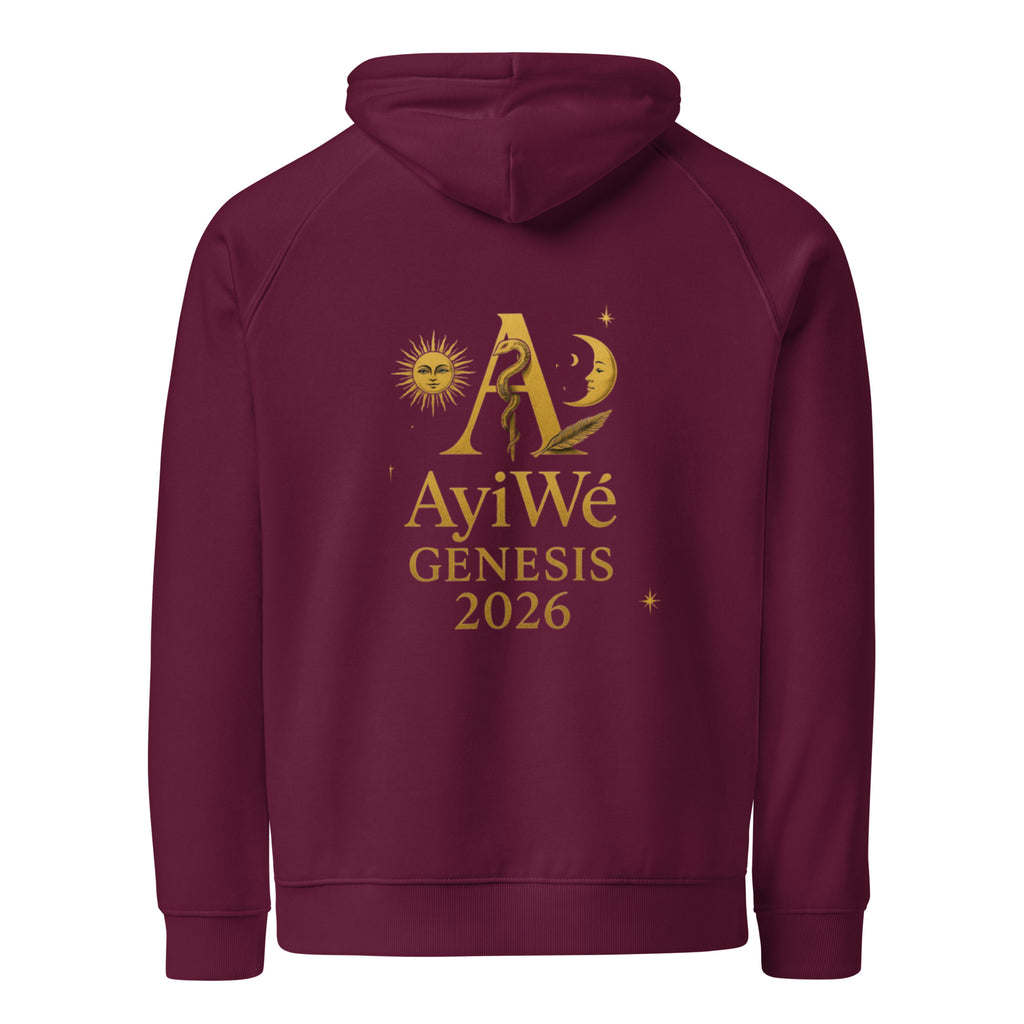 01 - Genisis 2026. Unisex eco raglan hoodie. Powered by AyiWé F&S - AyiWé Fashion & Style