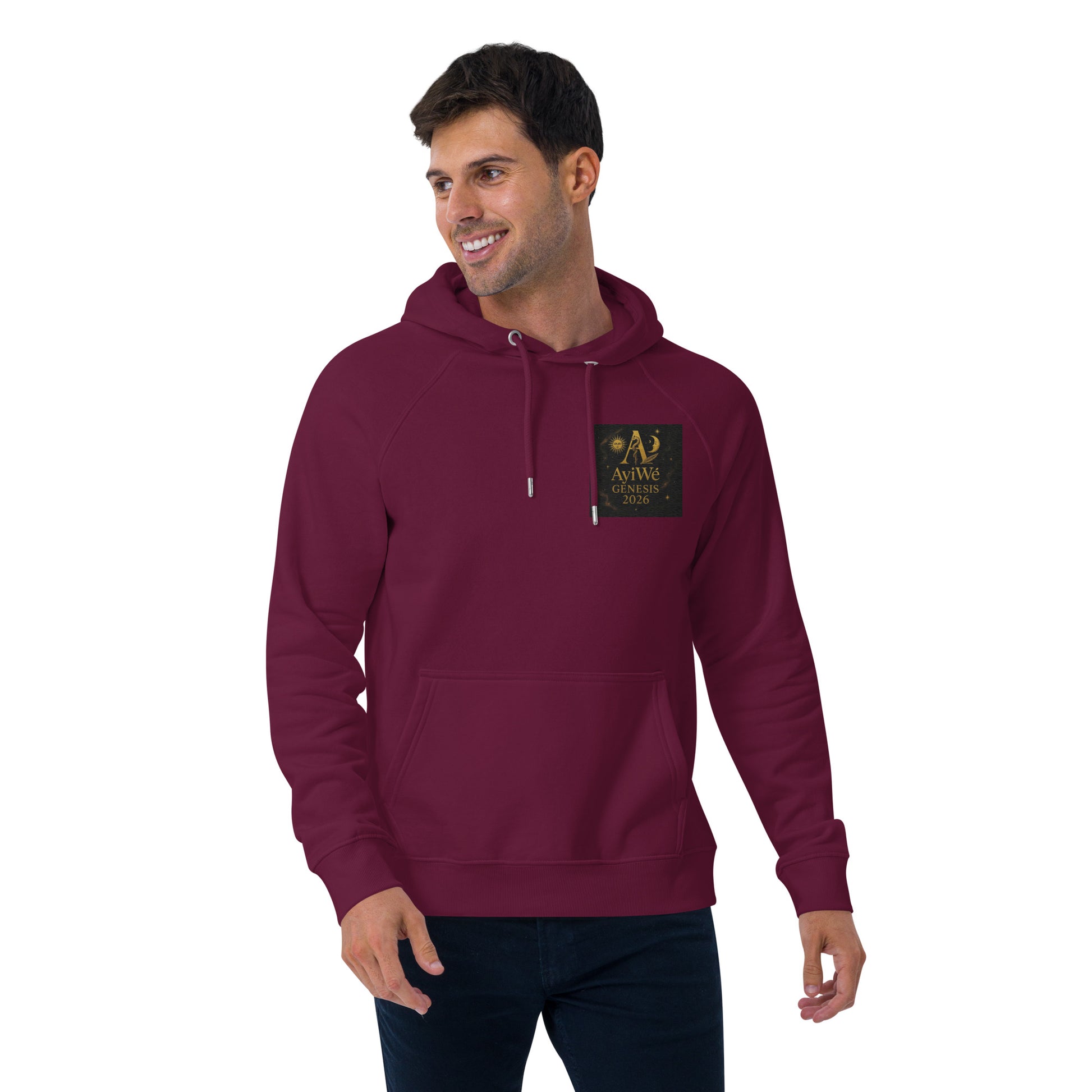 01 - Genisis 2026. Unisex eco raglan hoodie. Powered by AyiWé F&S - AyiWé Fashion & Style