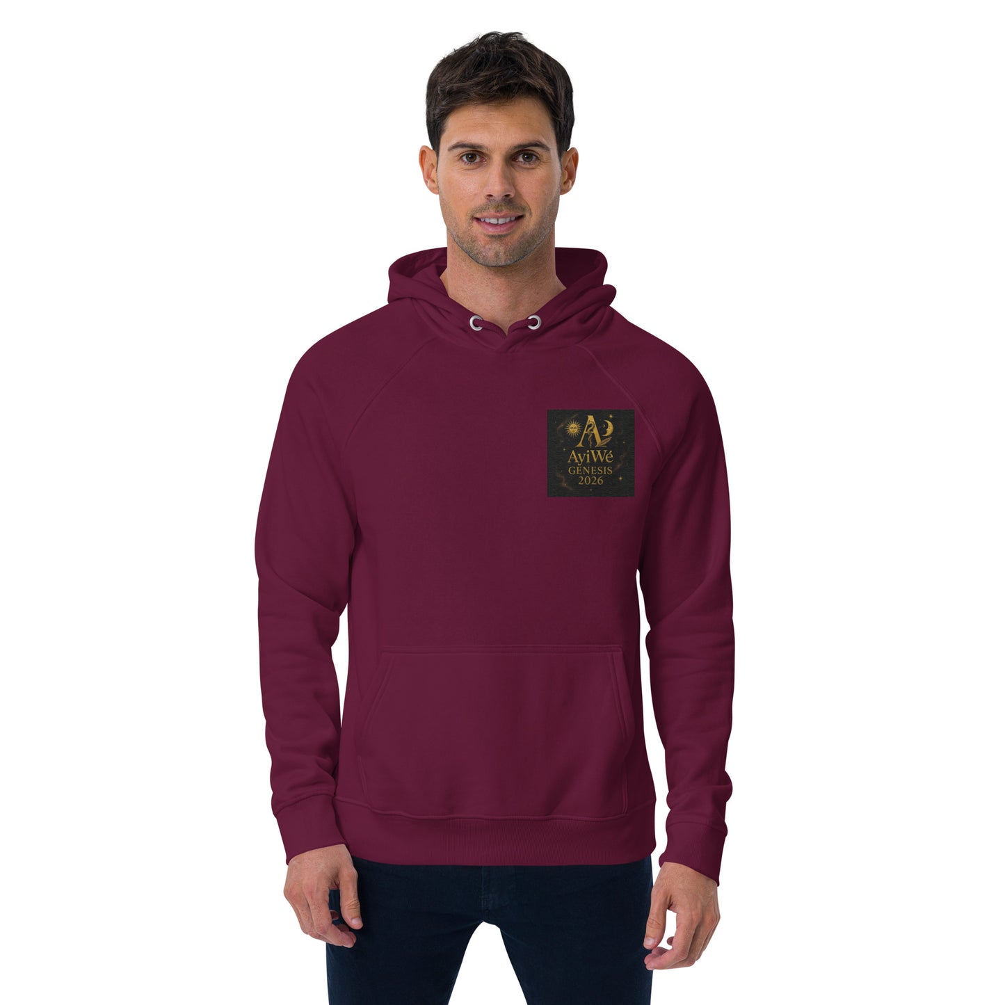 01 - Genisis 2026. Unisex eco raglan hoodie. Powered by AyiWé F&S - AyiWé Fashion & Style