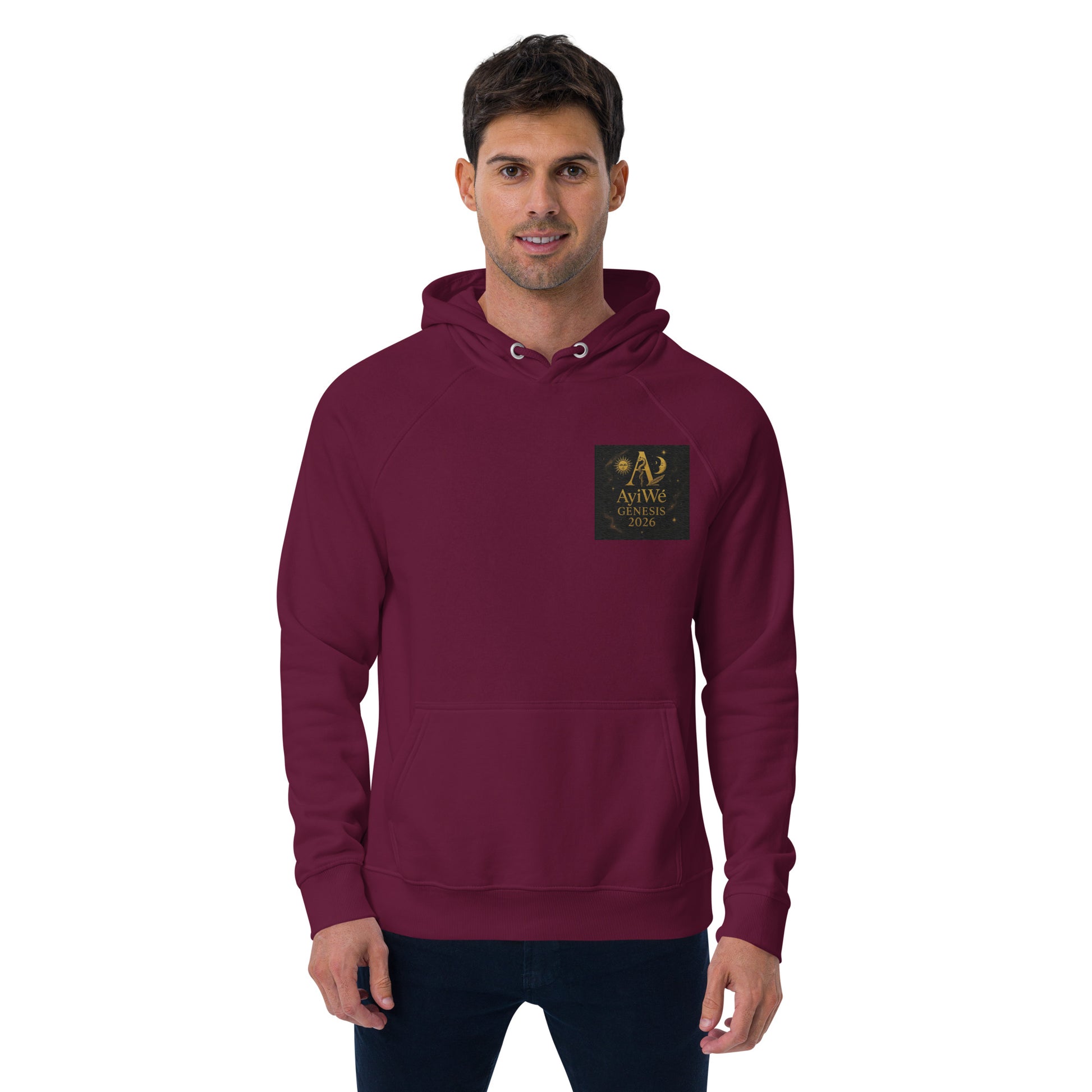 01 - Genisis 2026. Unisex eco raglan hoodie. Powered by AyiWé F&S - AyiWé Fashion & Style