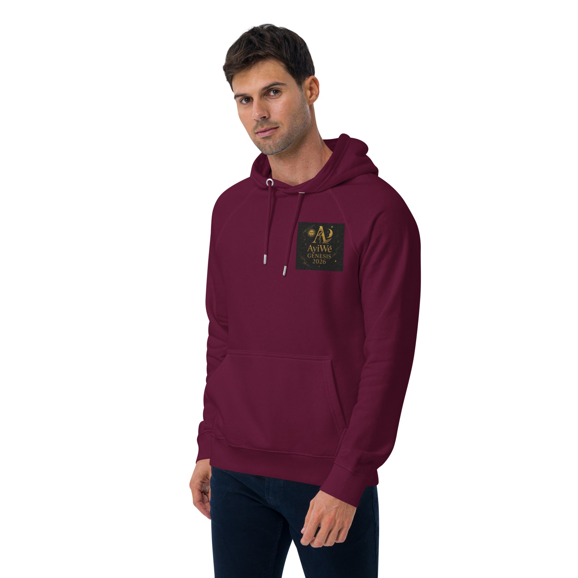 01 - Genisis 2026. Unisex eco raglan hoodie. Powered by AyiWé F&S - AyiWé Fashion & Style