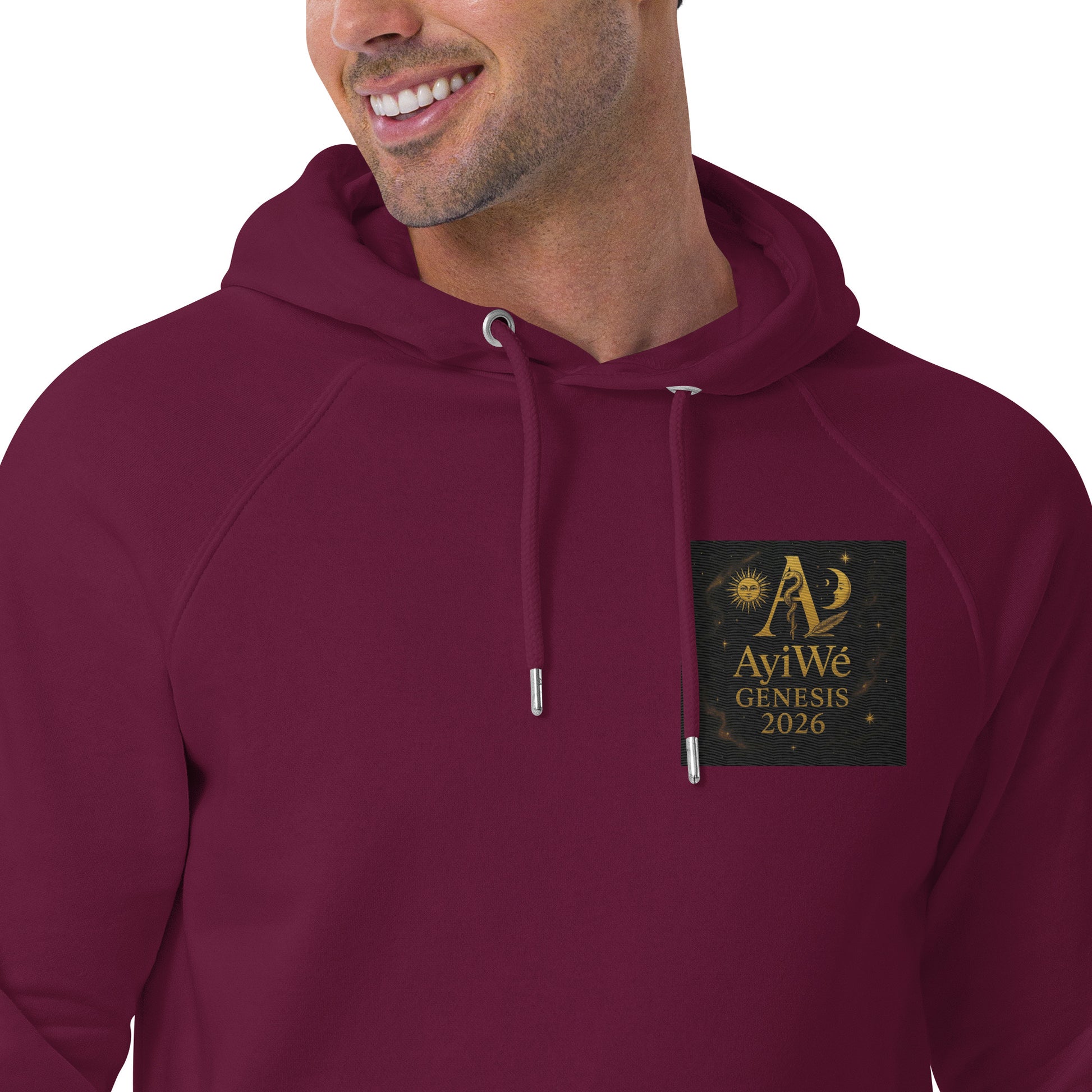 01 - Genisis 2026. Unisex eco raglan hoodie. Powered by AyiWé F&S - AyiWé Fashion & Style