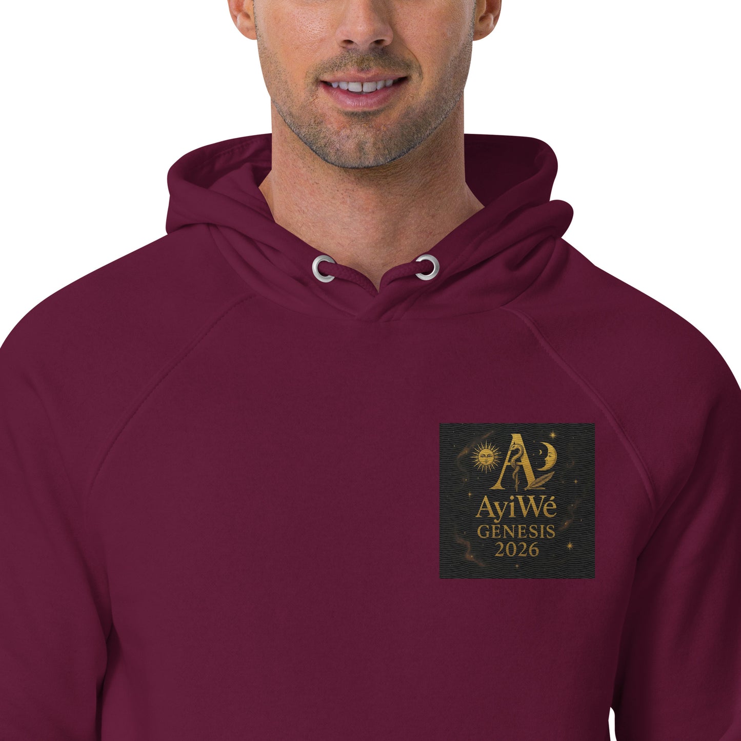 01 - Genisis 2026. Unisex eco raglan hoodie. Powered by AyiWé F&S - AyiWé Fashion & Style