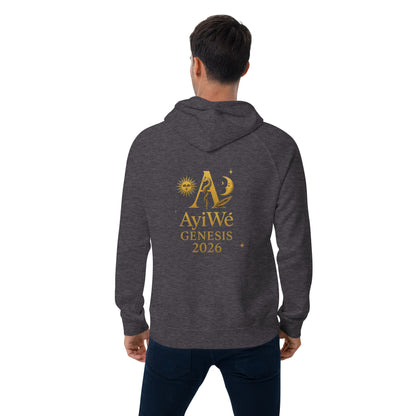 01 - Genisis 2026. Unisex eco raglan hoodie. Powered by AyiWé F&S - AyiWé Fashion & Style