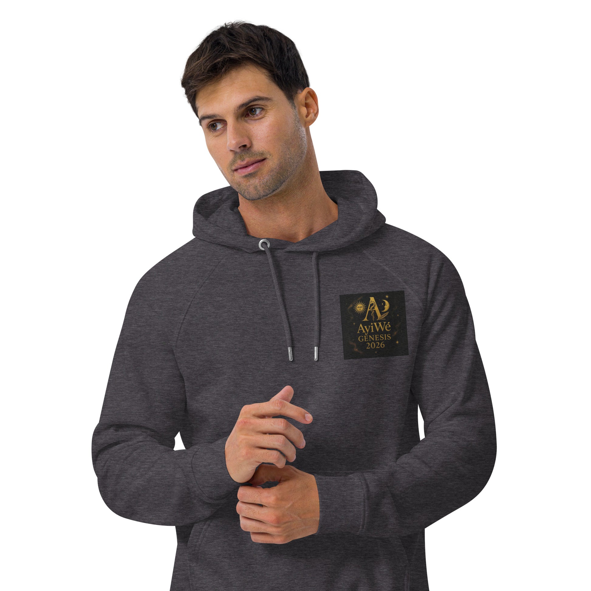 01 - Genisis 2026. Unisex eco raglan hoodie. Powered by AyiWé F&S - AyiWé Fashion & Style