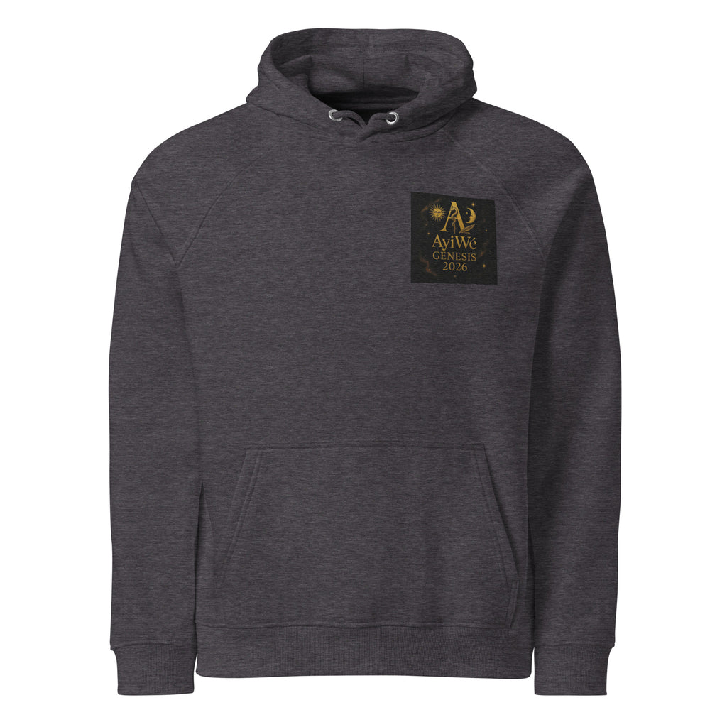 01 - Genisis 2026. Unisex eco raglan hoodie. Powered by AyiWé F&S - AyiWé Fashion & Style