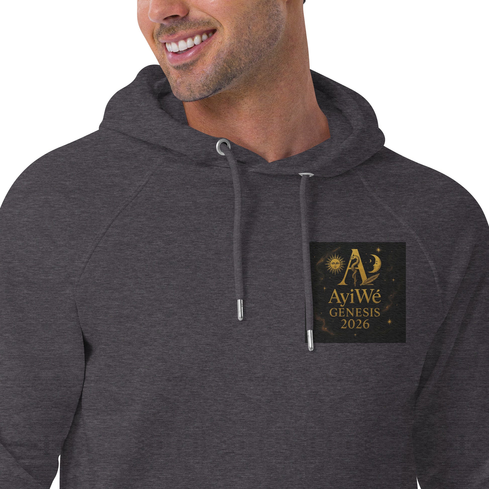 01 - Genisis 2026. Unisex eco raglan hoodie. Powered by AyiWé F&S - AyiWé Fashion & Style