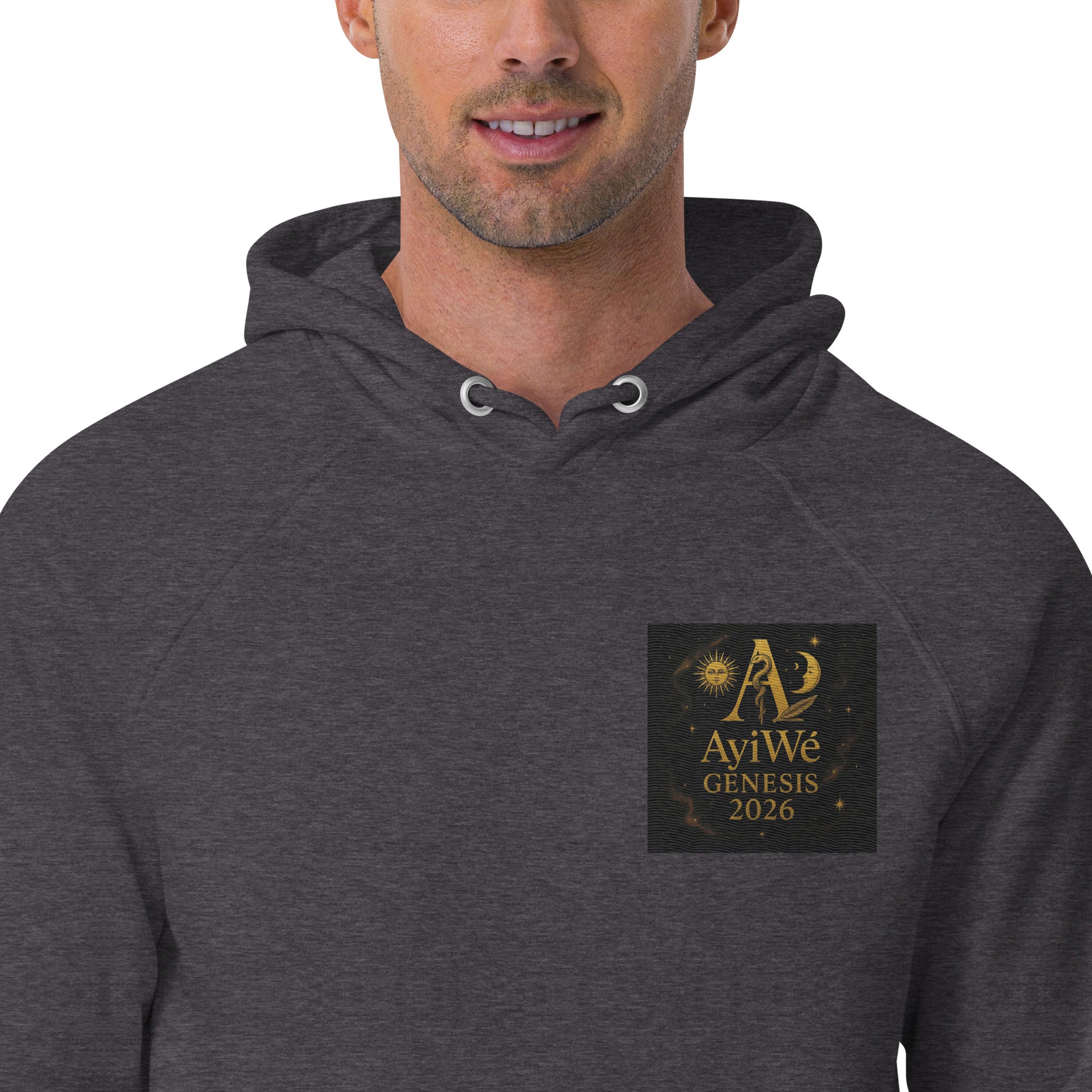 01 - Genisis 2026. Unisex eco raglan hoodie. Powered by AyiWé F&S - AyiWé Fashion & Style