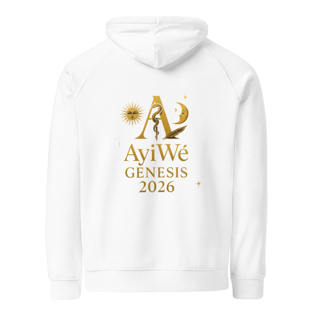 01 - Genisis 2026. Unisex eco raglan hoodie. Powered by AyiWé F&S - AyiWé Fashion & Style