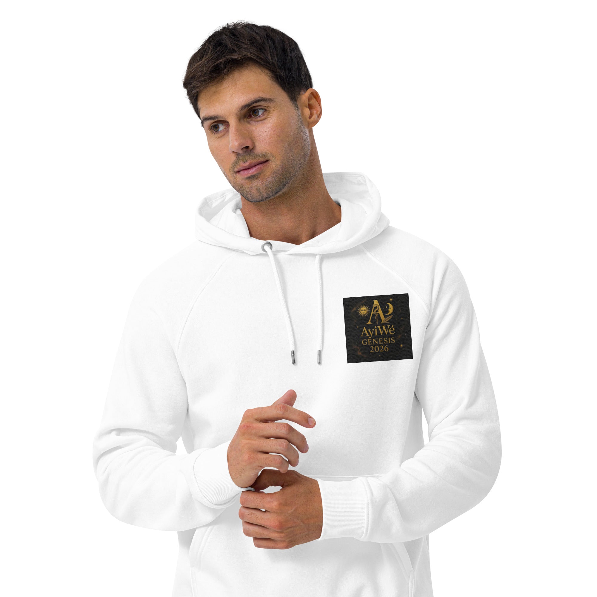 01 - Genisis 2026. Unisex eco raglan hoodie. Powered by AyiWé F&S - AyiWé Fashion & Style