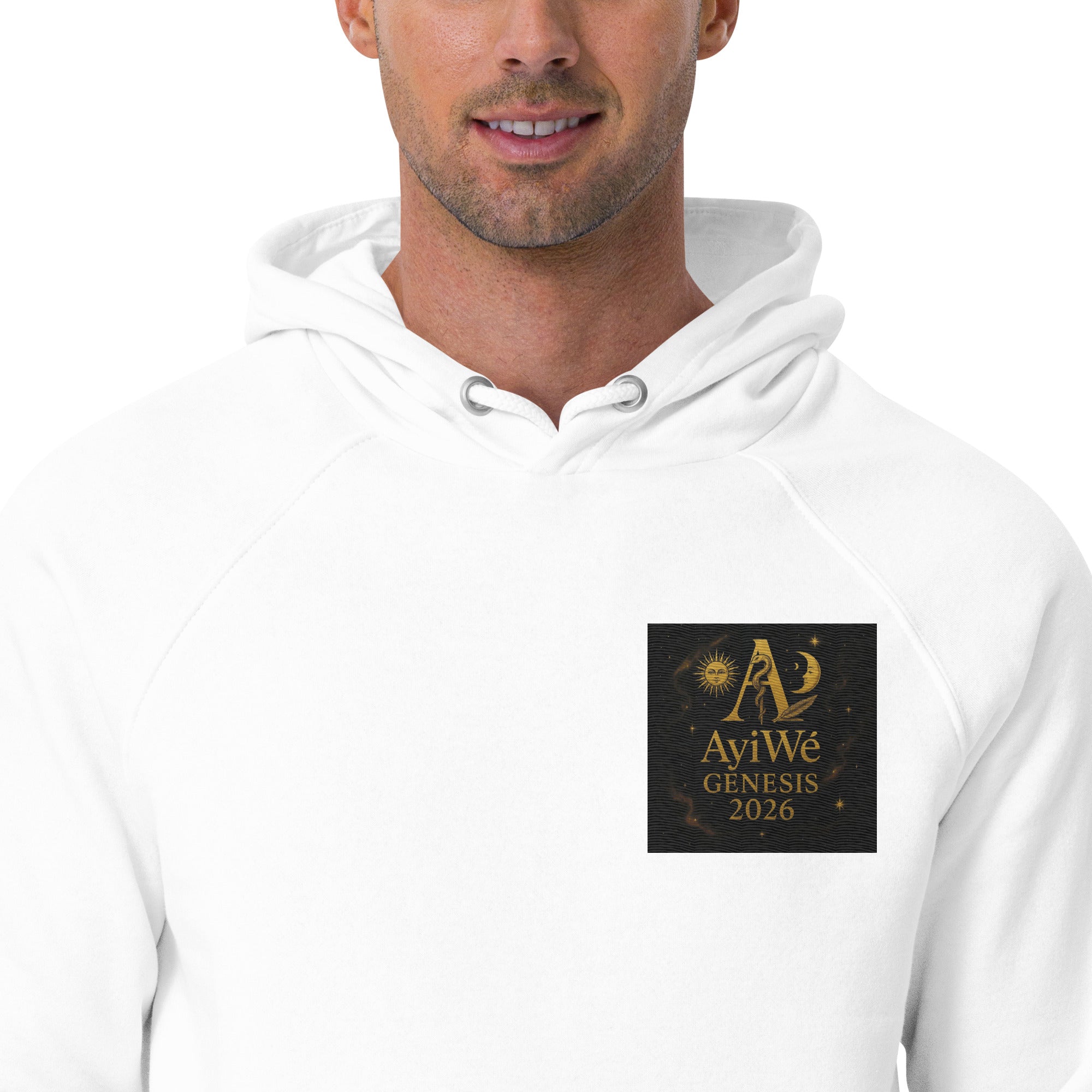01 - Genisis 2026. Unisex eco raglan hoodie. Powered by AyiWé F&S - AyiWé Fashion & Style